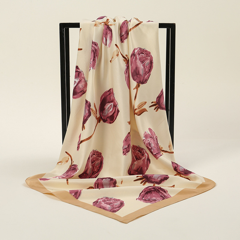 2024 New Spring/Summer rose printed silk scarf, 85cm faux silk small square scarf, versatile decorative neckerchief for women Application Scenario