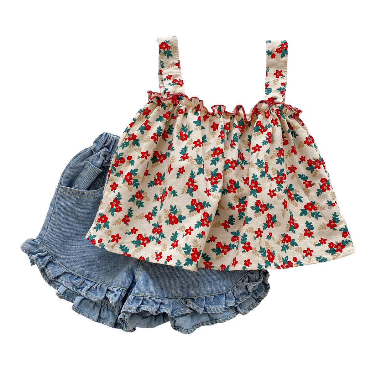 New Korean-style children's summer wear set, trendy and stylish, 1-3-year-old girl shorts, children's halter tops, two pieces of pure cotton Item Picture