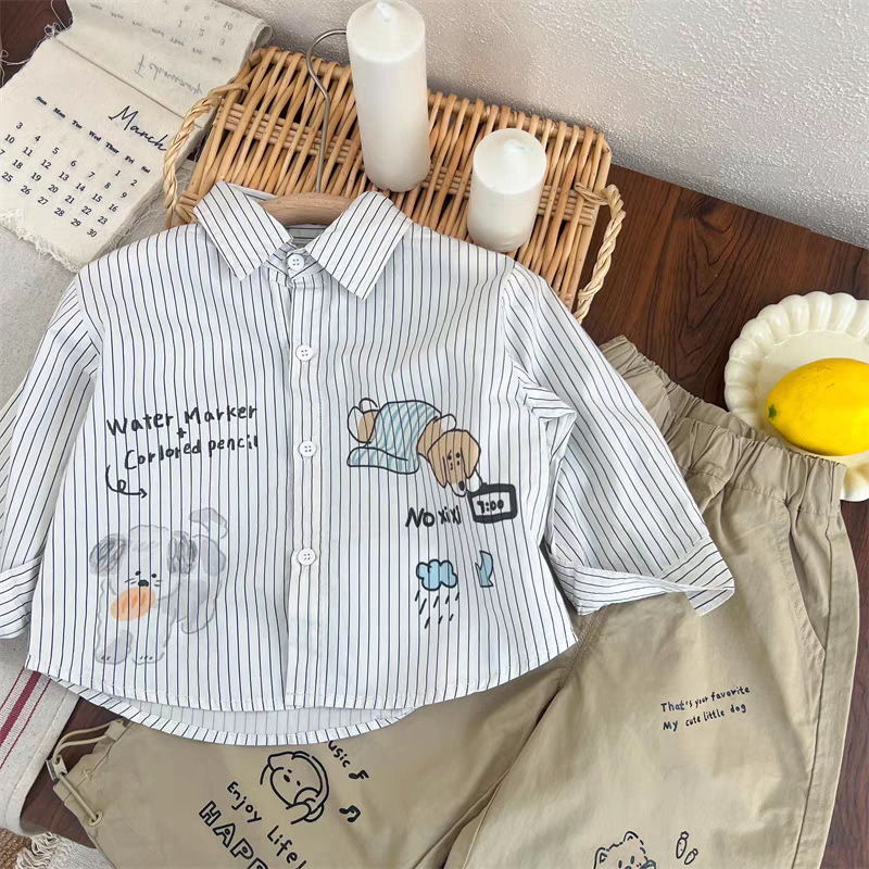Children's long-sleeved shirt 2025 new spring cartoon lapel top for boys and girls, small children's vertical striped shirt Application Scenario