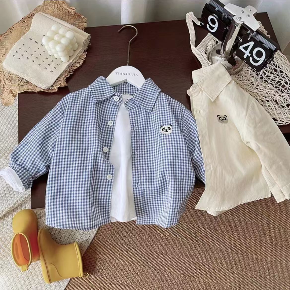 Children's casual long-sleeved shirt, casual and cute panda shirt, blue checkered boys' autumn wear, children's wear, girls' top details Picture
