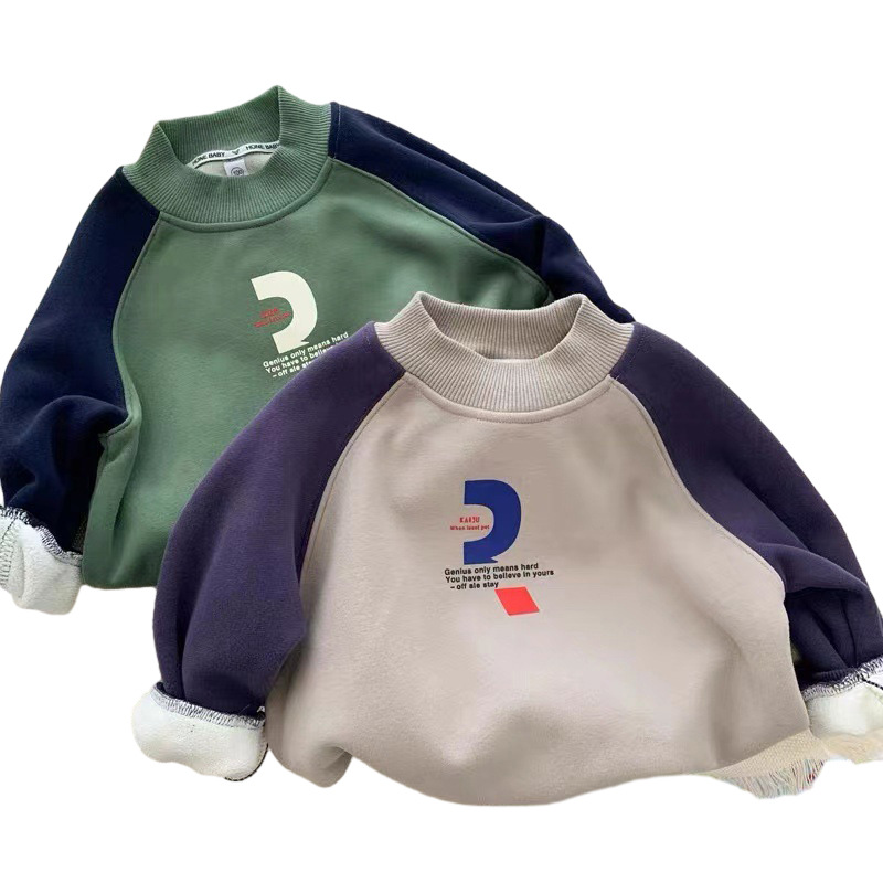 A new Korean-style plush sweatshirt for boys, a one-piece plush autumn and winter collection, a children's pullover with a semi-high neck, and a trendy look for kids Item Picture