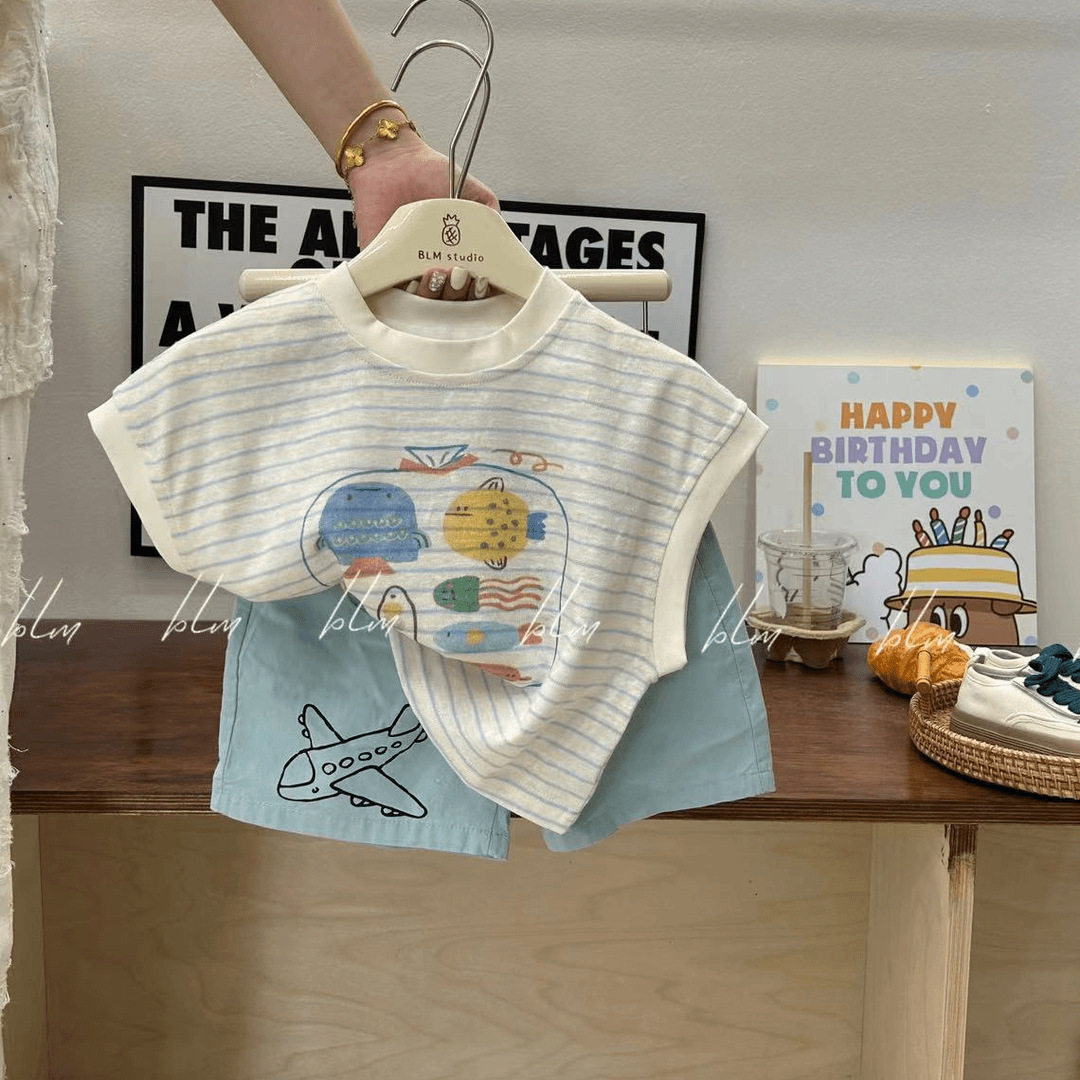 Children's set 2024 Summer New style Korean cartoon striped pure cotton vest Baby airplane Shorts two-piece set trendy full figure