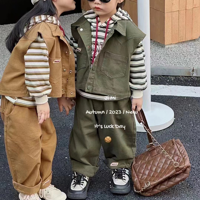 2023 Autumn Collection for Children and Boys: Korean-style vest, long-sleeved, new Autumn bestsellers, three-piece set with hat, trendy style Specification drawing