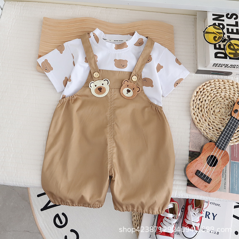 Boys' summer Bear Overalls set 2024 New style children's fashionable summer wear, baby's stylish clothes, children's clothing details Picture