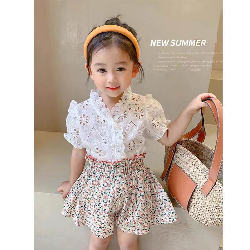 Children's clothing, girls' country-style vest, summer French sweet lace top, flower bud shorts, elastic waist set full figure