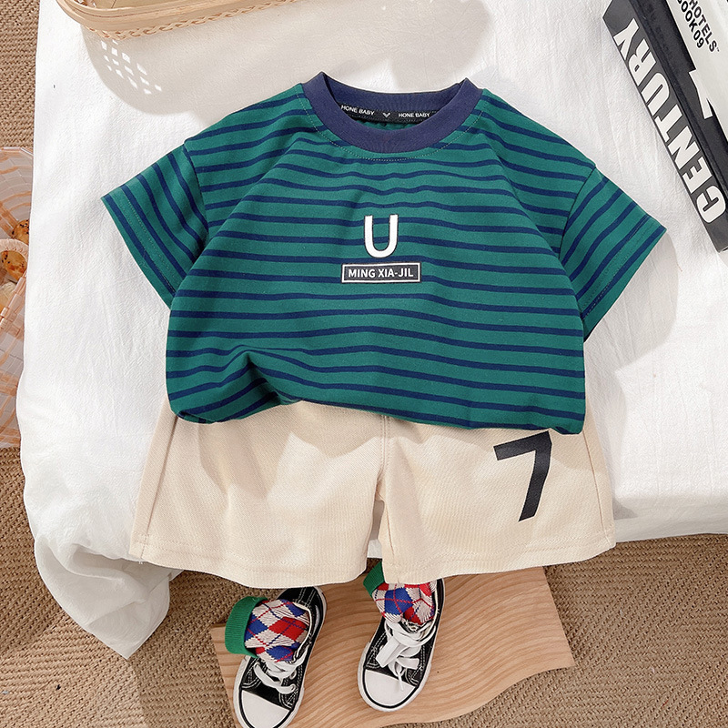 Boys' short-sleeved T-shirt 2024 new children's summer wear, boys' cool half-sleeved summer T-shirt, striped top Application Scenario