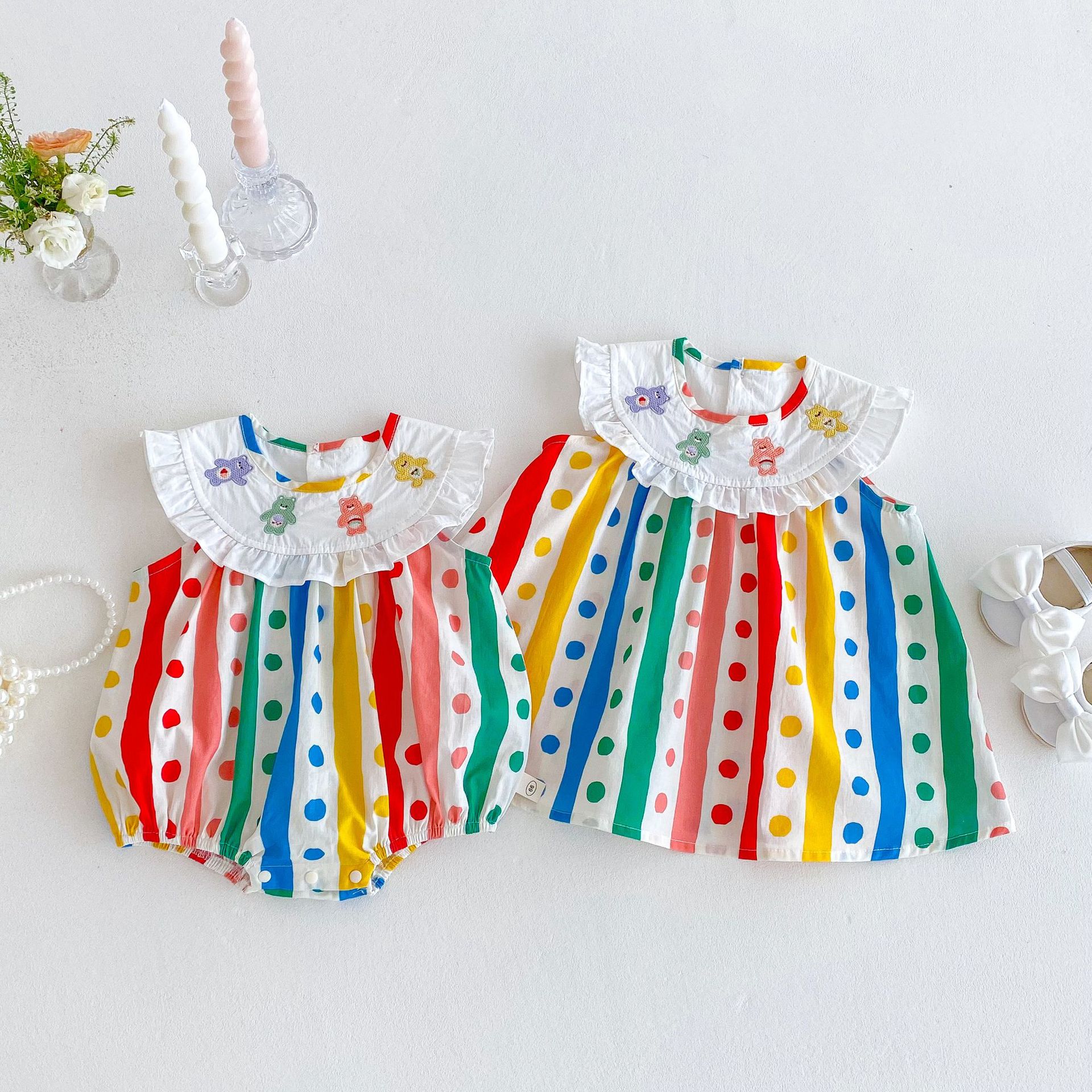 Girls' polka dot vest dress 2025 New summer baby embroidered bear dress Trendy baby striped wrap dress Application Scenario