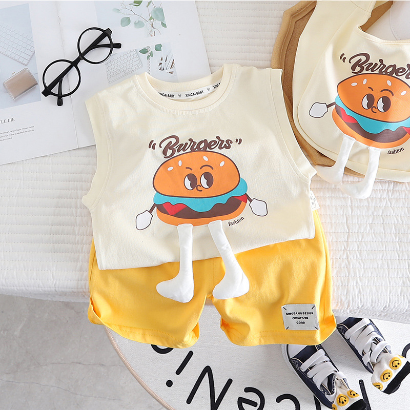 Girls' summer clothing set 2023, children's and boys' vest, shorts, hamburger cartoon Korean version brother and sister set, trendy full figure