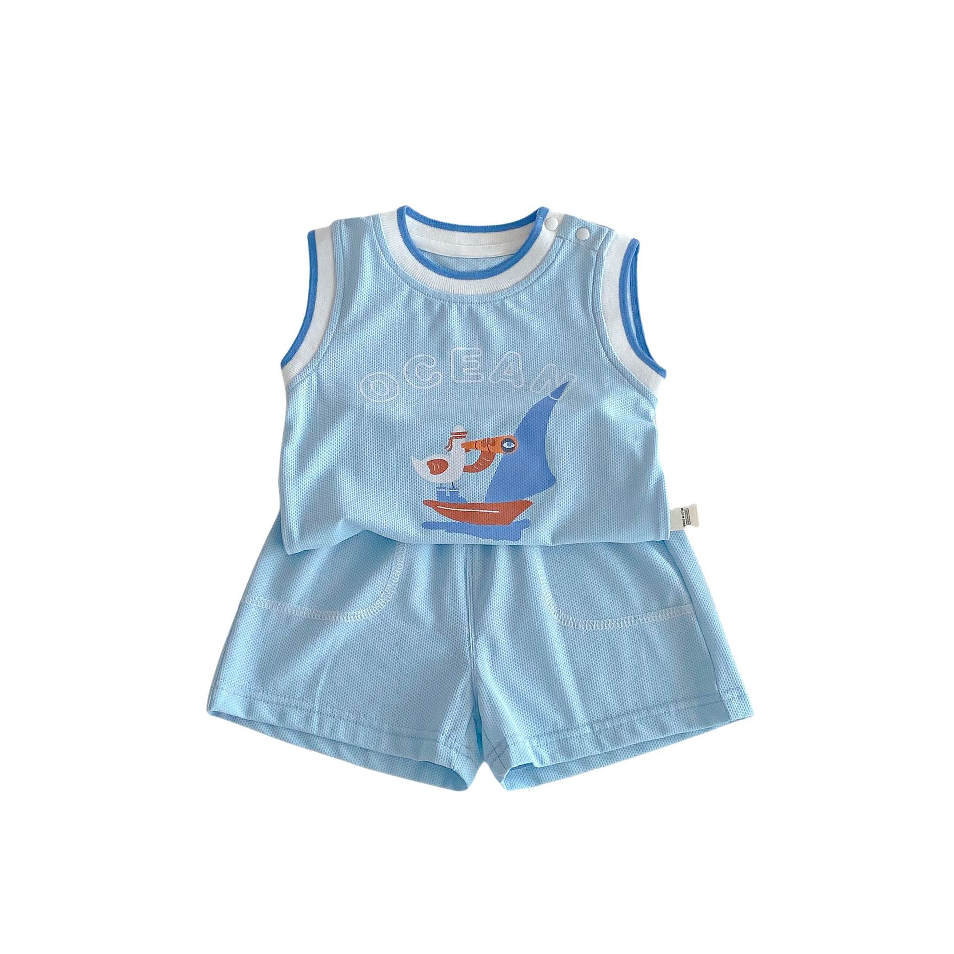 Children's Sports Set 2025 New Summer Boys' Korean Cartoon Breathable backrest Trendy Solid Color Shorts Two-piece set Item Picture