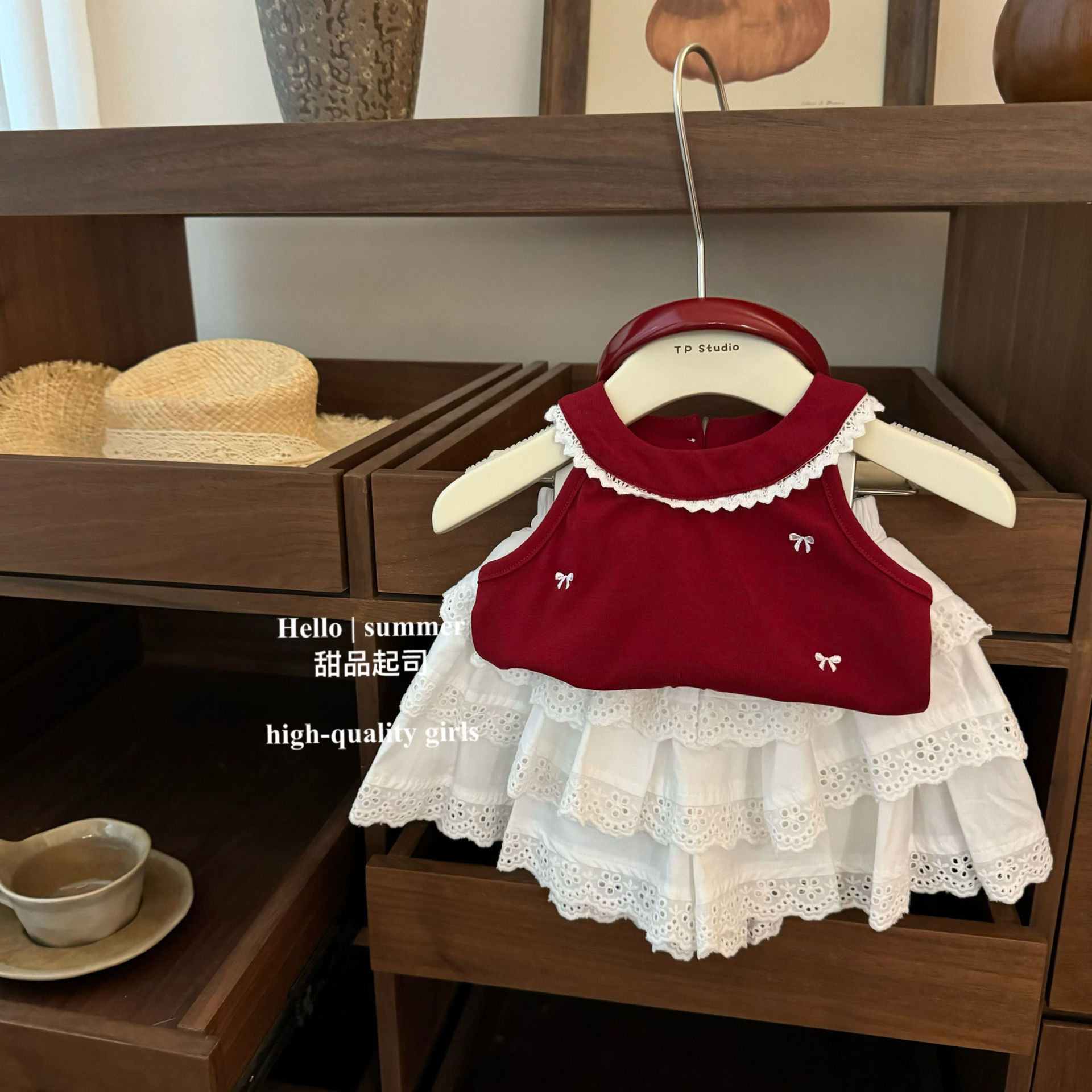 Ballet Aesthetics! 2025 Girls' Summer Red Bow Print Vest with Cutout Cake Skirt and Pants Set full figure
