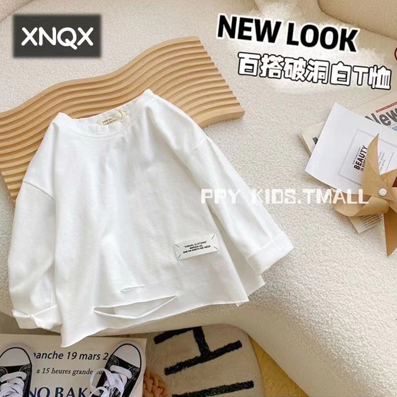 Label perforated single T-shirt, white cotton thin long-sleeved T-shirt for boys, spring and autumn new style baby solid color top base layer full figure