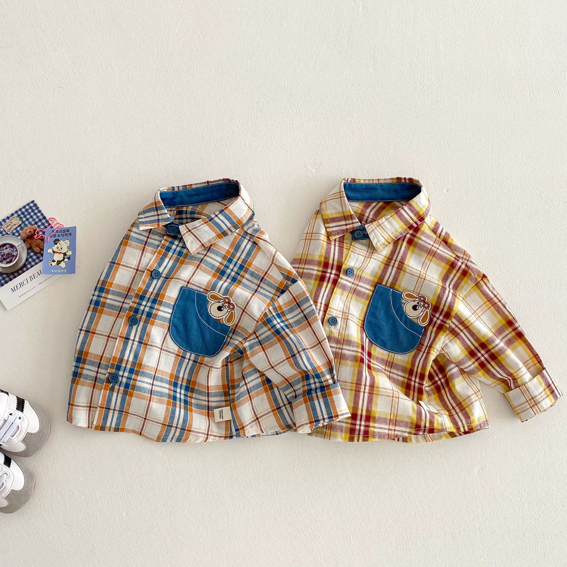 Children's checkered shirt 2025 new spring Boys' fashion patchwork denim cartoon shirt Baby Korean style spring wear full figure