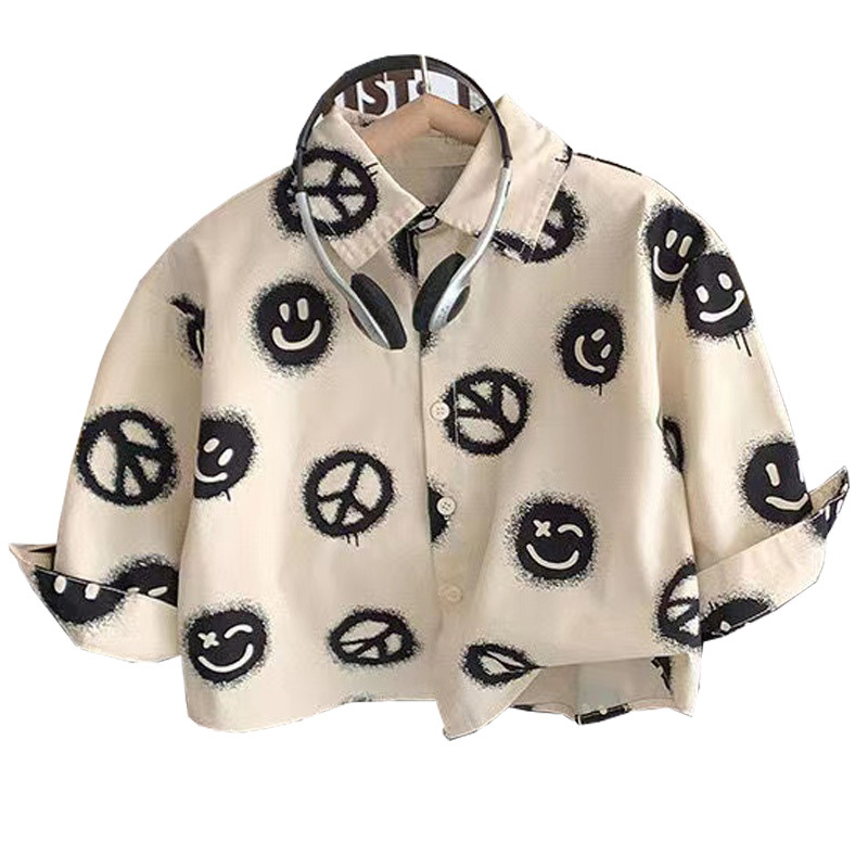 Boys' Spring and Autumn long-sleeved smile shirt 2024 New style casual and cute top, cool boys' smiling face shirt Item Picture