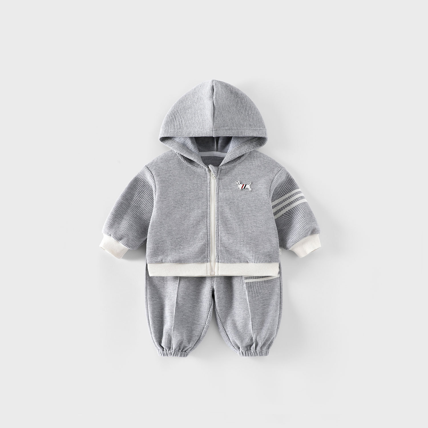 Children's Waffle Check Set 2025 New Autumn: Girls' labeled hooded Jacket and Boys' Korean-style sweatpants Two-piece set details Picture