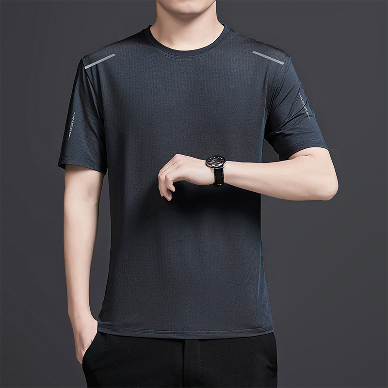 Cross-border summer breathable quick-drying solid color sporty casual printed round-neck plus-size men's T-shirt ice silk short T-shirt for men details Picture