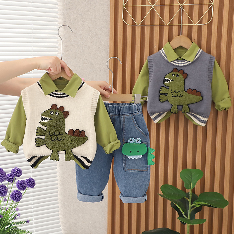 New children's and boys' autumn collection, stylish sweater and vest for kids, a cool three-piece set for spring and autumn Item Picture