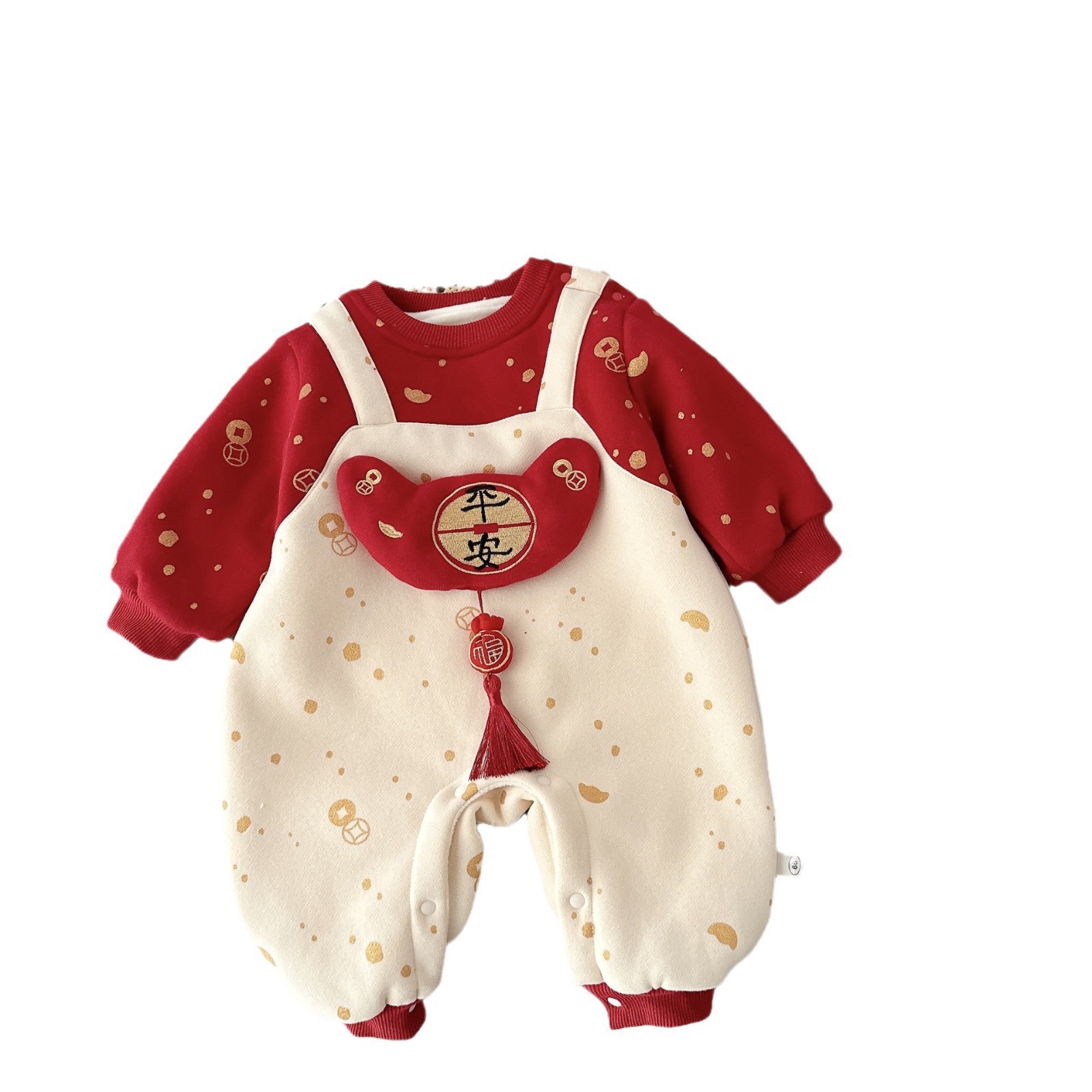 Baby fleece New Year greeting clothes, winter Class a baby embroidered fake two crawling suits, baby clothes, first birthday dress AL751 Item Picture