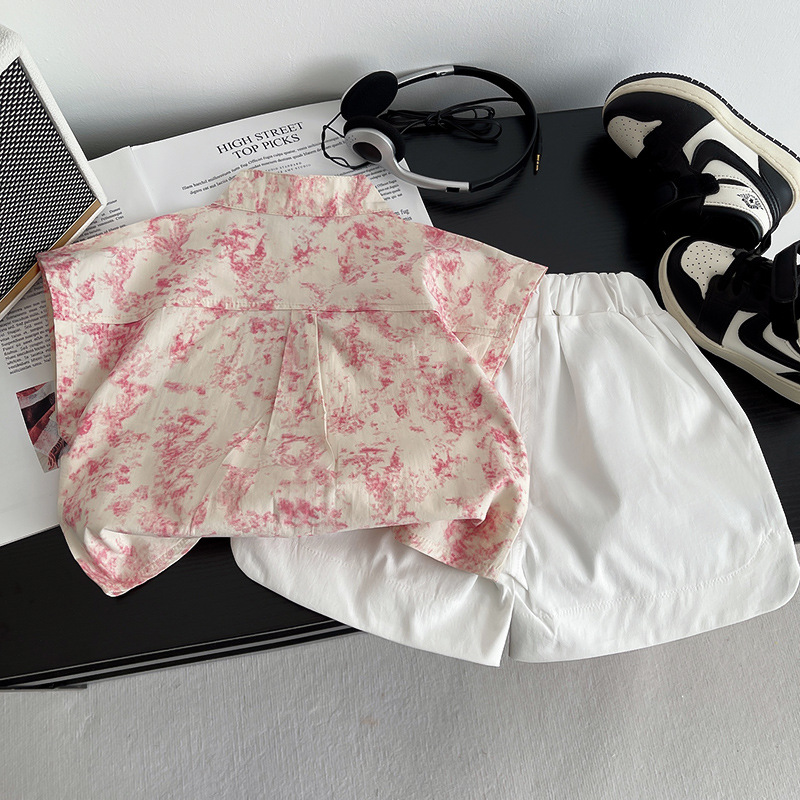 Pink children's short-sleeved shirt for summer, boys' stand-up collar floral print baby, Korean-style half-sleeved girls' outfit Specification drawing