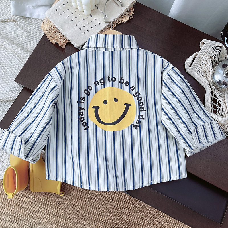 Fashion shirt: Korean Boys' Trendy 2024 Autumn New Style with vertical stripes and smiling faces details Picture