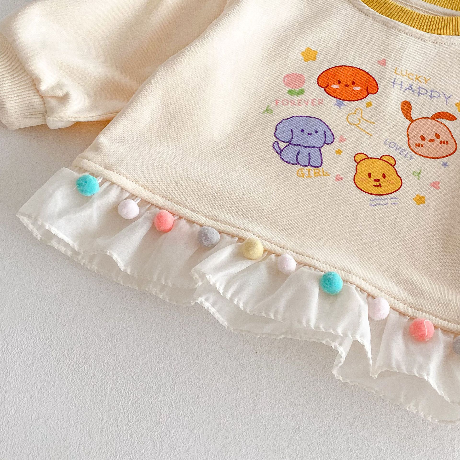 Baby Cartoon Set 2025 New Spring Girls' Stylish Cartoon hoodie, Children's Colorful Ball Casual Pants Two-piece set Specification drawing
