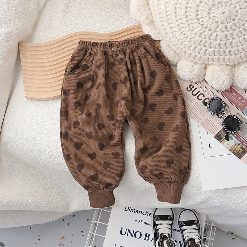 Korean-style children's corduroy bean pants, long pants, spring and autumn single-layer baby pants for boys and girls, loose cotton, casual and stylish Specification drawing