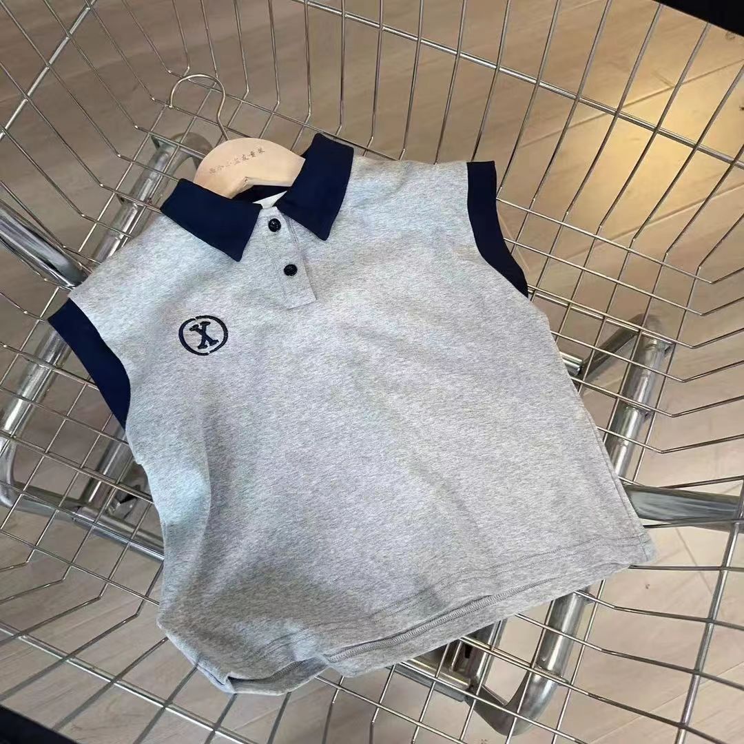 Summer children's sleeveless shorts set 2024 New style for boys and girls Korean-style trendy casual lapel shirts and mid-length trousers details Picture