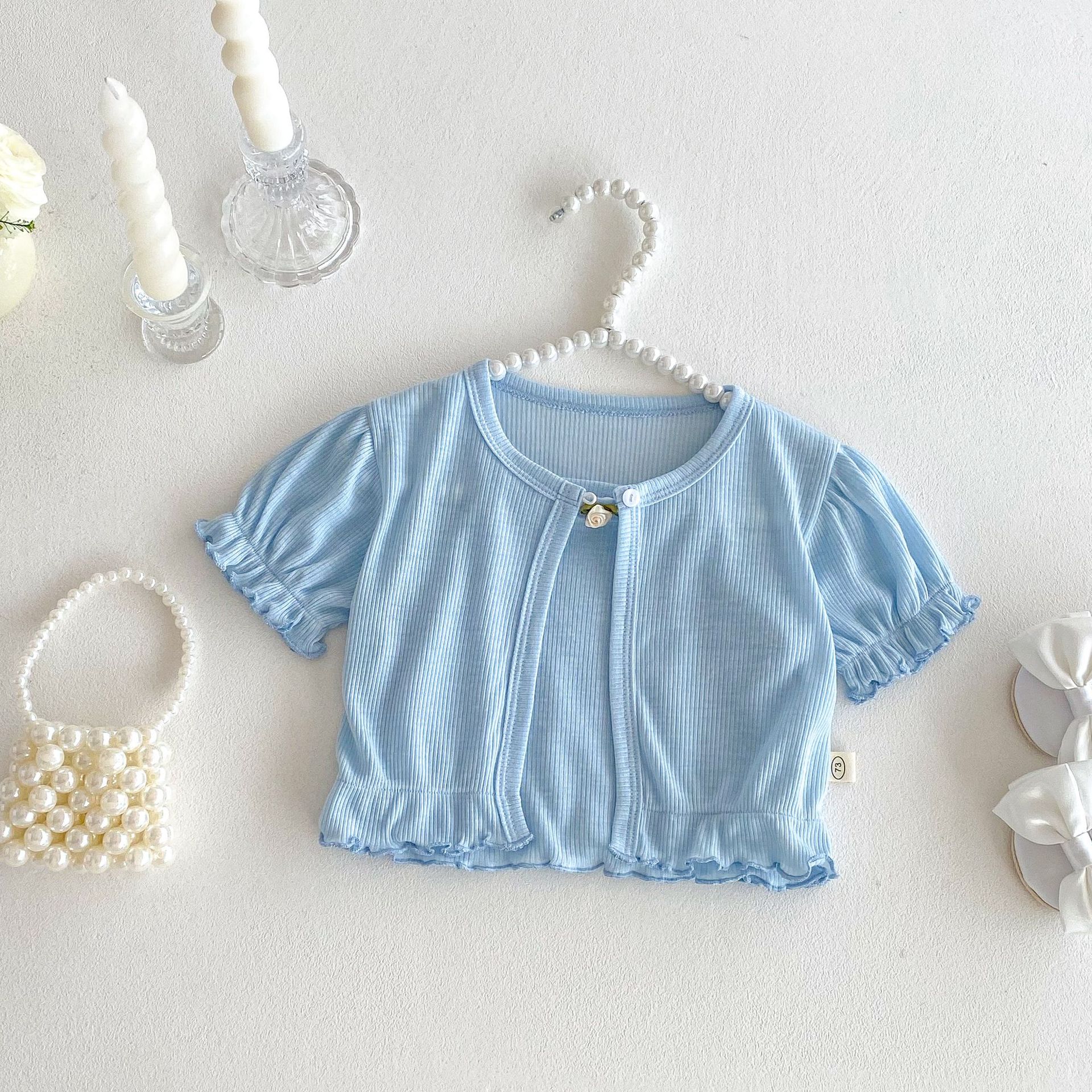 Baby Floral Print Set 2025 New Summer Baby Korean-style knitted sweater, trendy halter top, waistcoat and bottom pants three-piece set Specification drawing