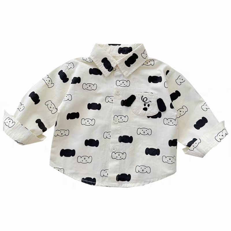 White printed lapel cartoon shirt for boys, long-sleeved shirt with three-dimensional ears for babies, and autumn top for girls Item Picture