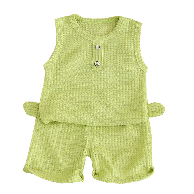 A new, stylish and casual Korean-style solid color waffle vest set for infants and toddlers in summer, a thin and breathable set Item Picture