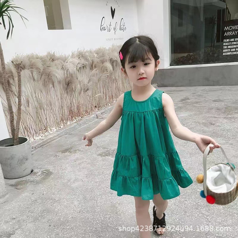 The new summer dress of the internet-famous girl in 2023 is a pure cotton solid color loose sleeveless dress with a Korean beach style and a stylish big swing Specification drawing