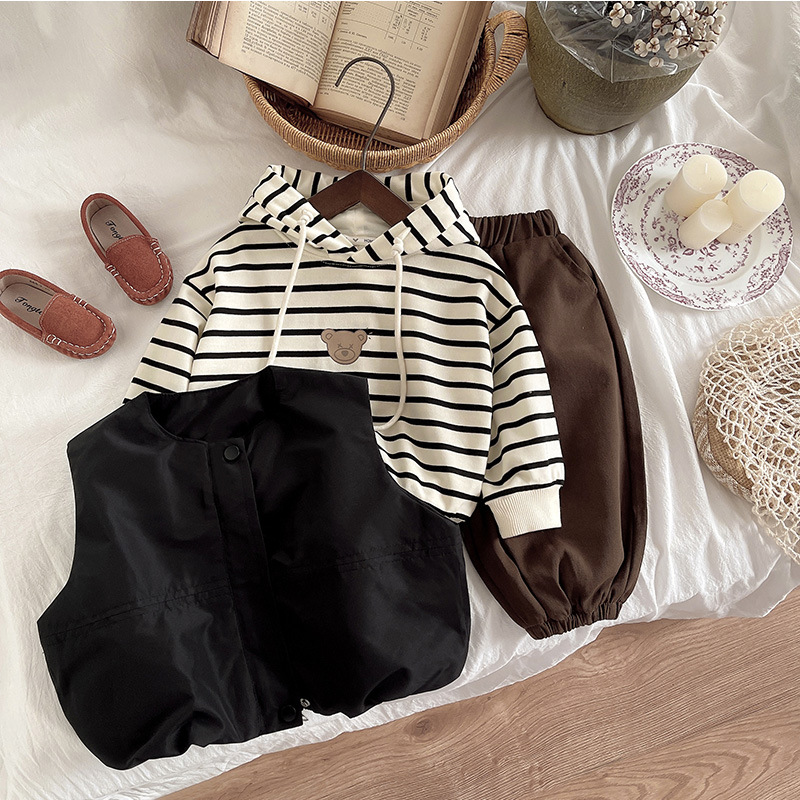 Striped sporty casual style hooded boys' top, men's autumn thin vest unisex spring and autumn three-piece set full figure