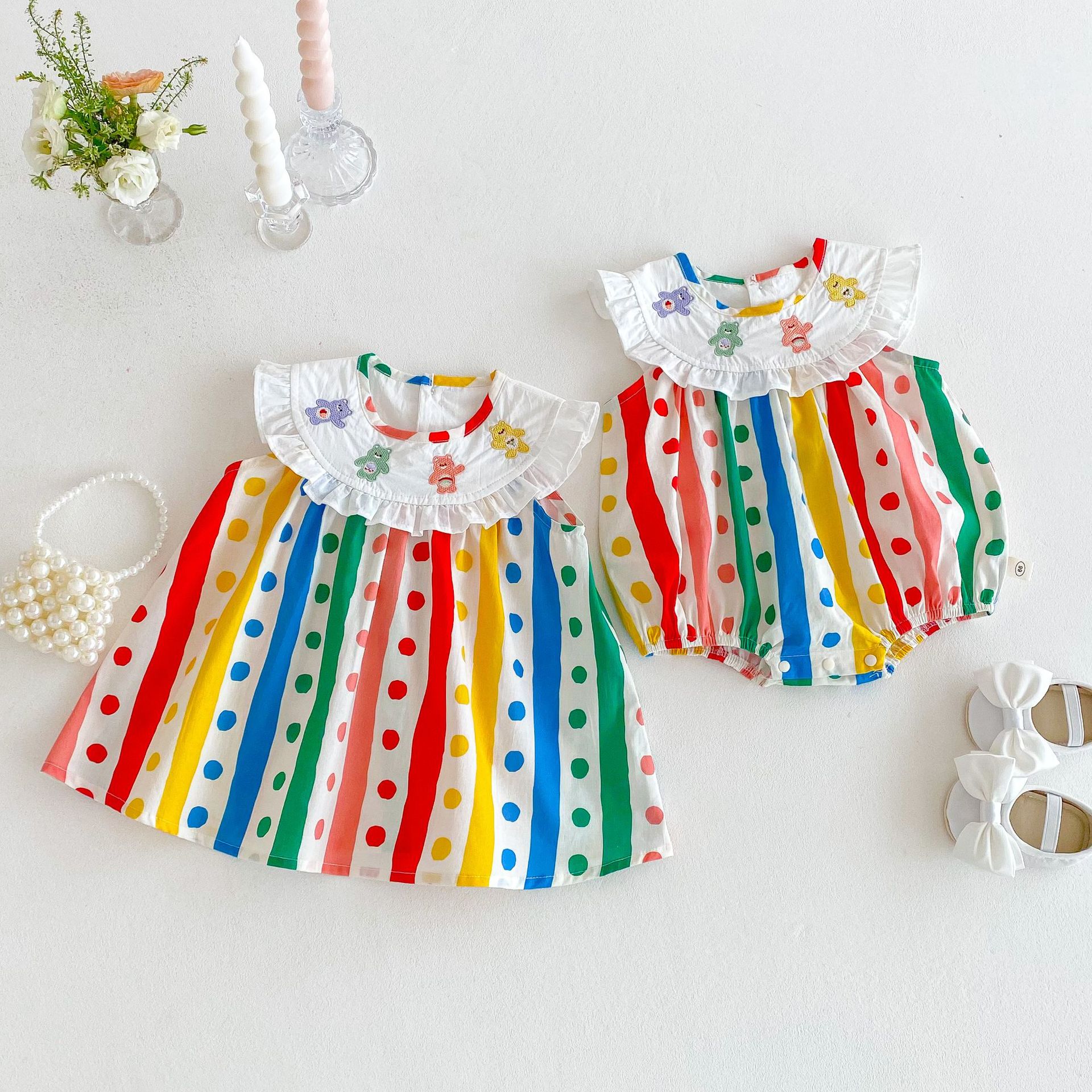 Girls' polka dot vest dress 2025 New summer baby embroidered bear dress Trendy baby striped wrap dress details Picture