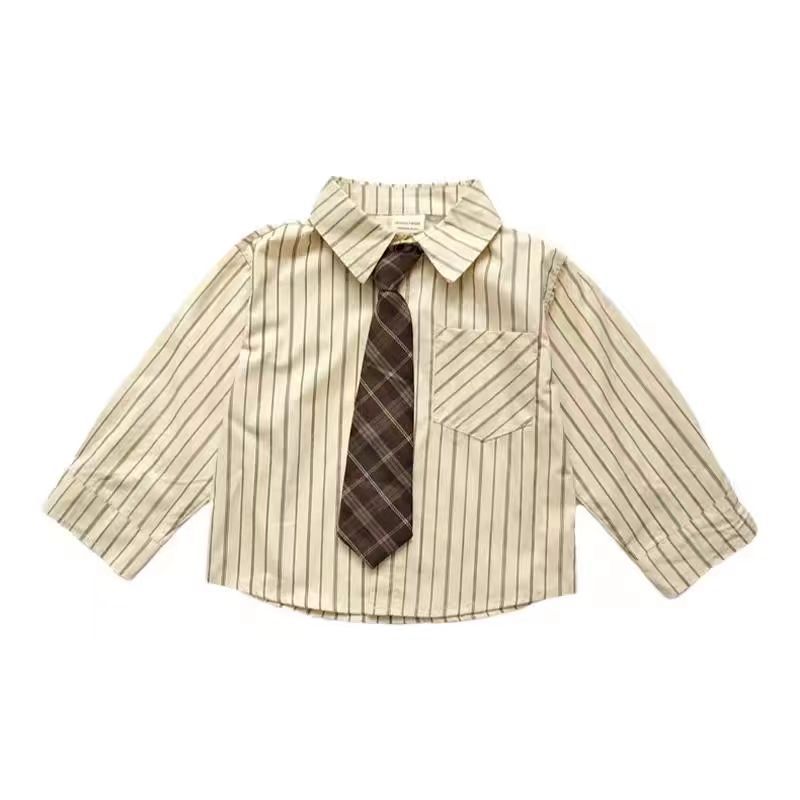 Children's long-sleeved shirts with a school style for spring 2024, featuring Korean-style fashionable striped casual tie shirts for both boys and girls Item Picture