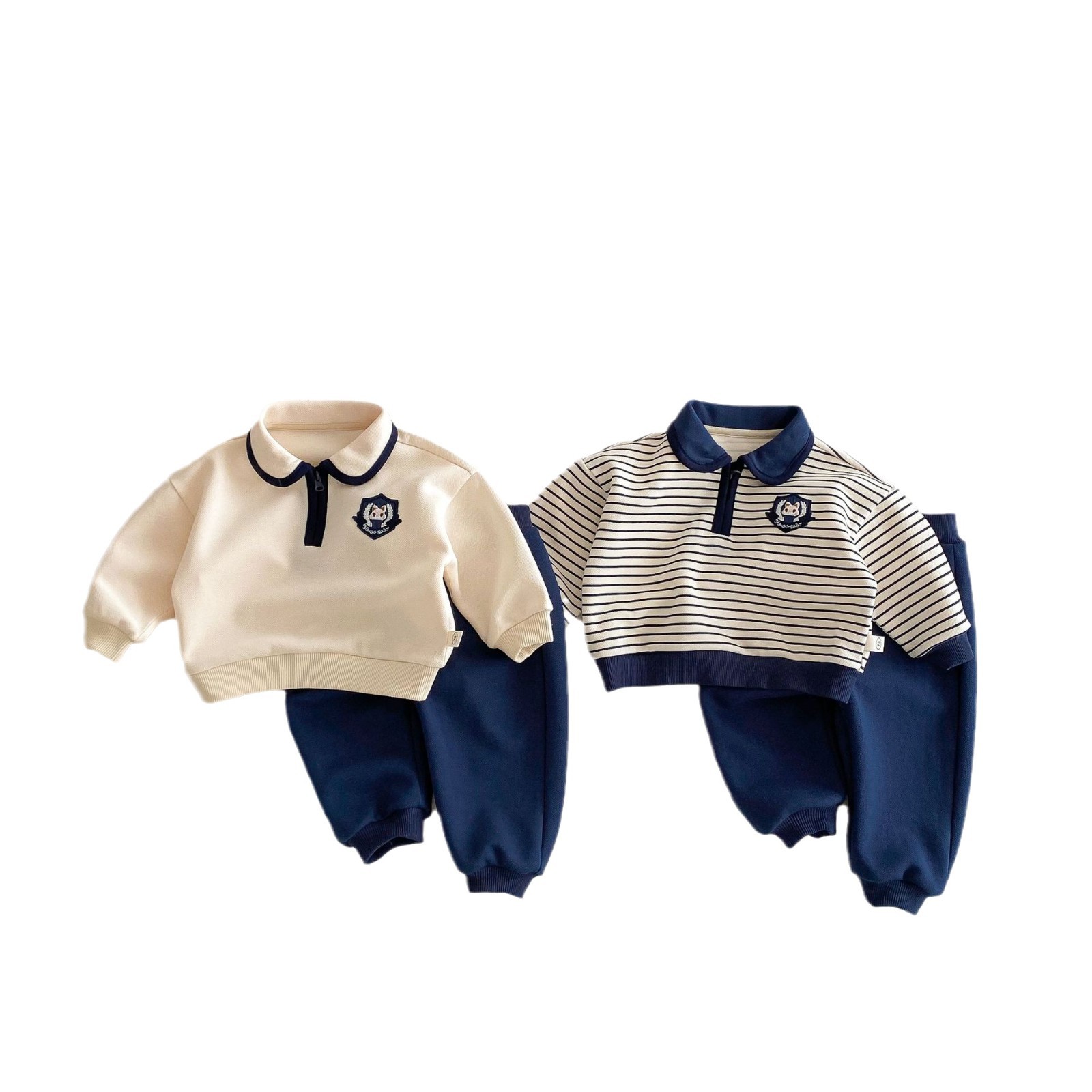 Children's school-style sweatshirt 2025 New spring style for boys, cool and stylish striped polo shirt with stickers, baby sweatpants Item Picture