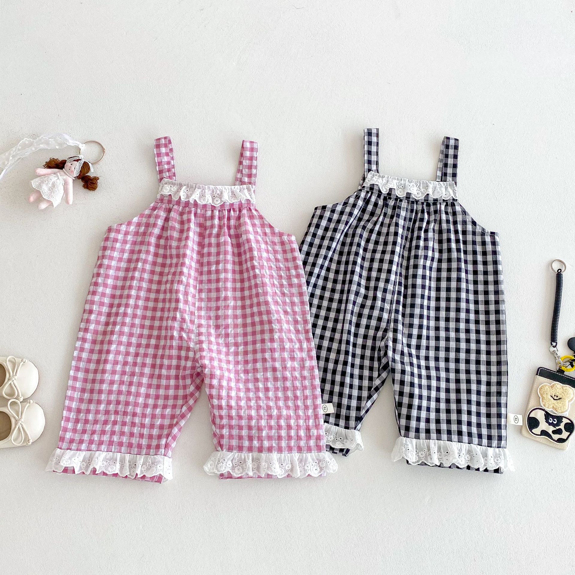 Baby checkered overalls 2025 new style summer baby stylish Korean-style casual pants Children's summer lace pants Application Scenario