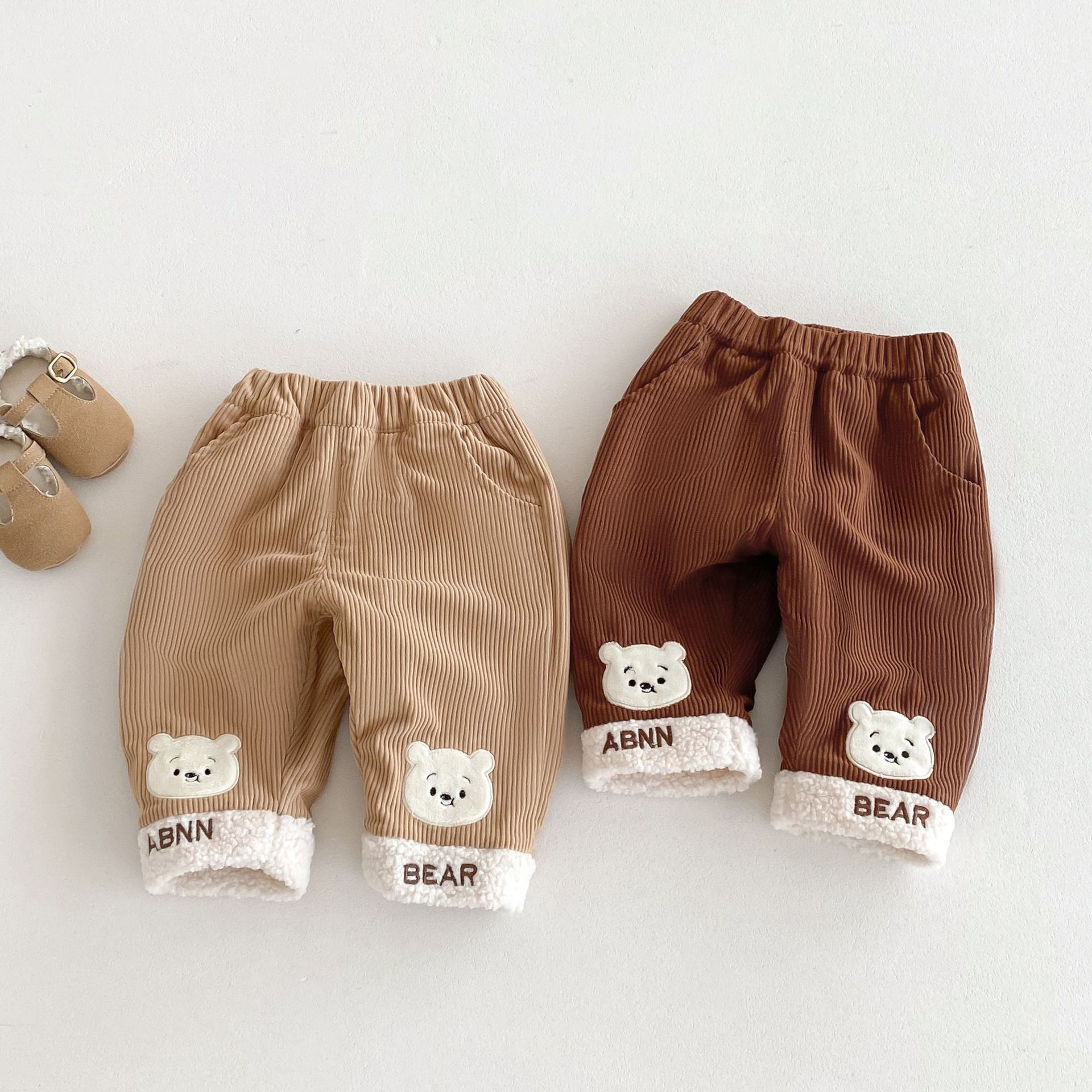 Children's fleece casual pants for 0-5 years old, winter boys' teddy bear patch sweatpants, girls' corduroy sportswear pants AK232 full figure