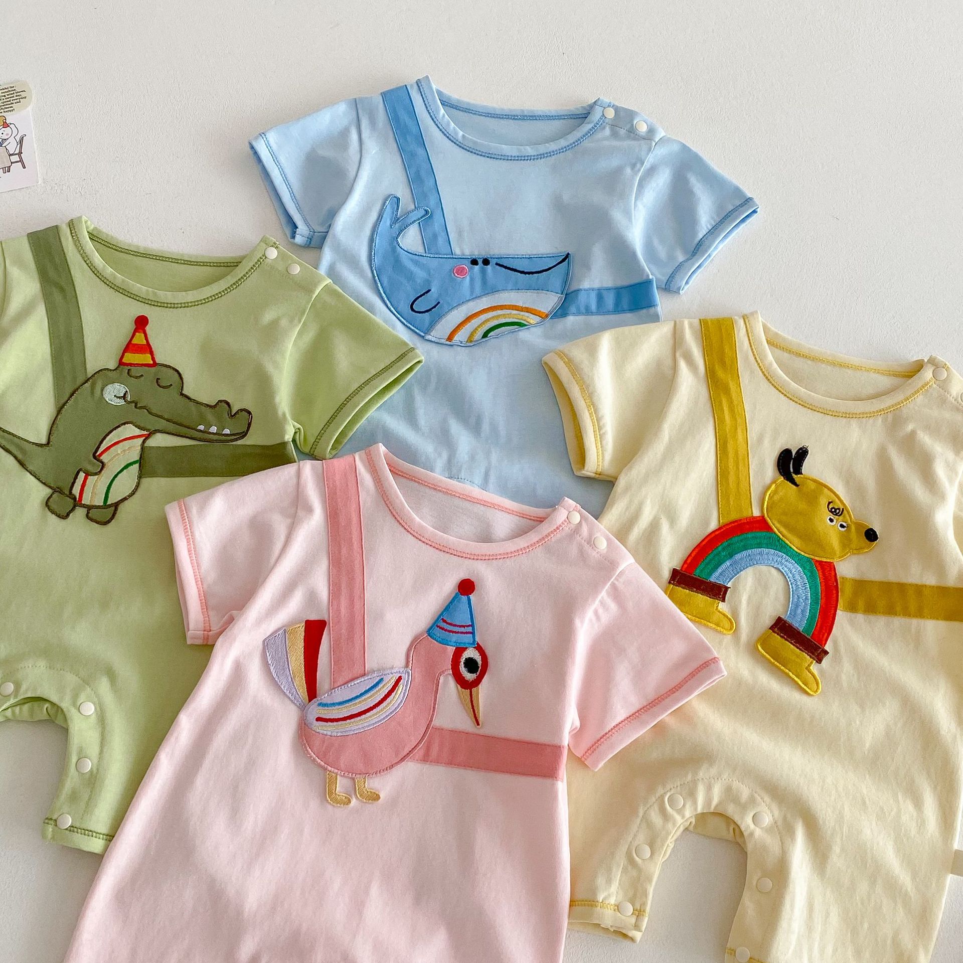 Baby cartoon one-piece suit 2025 new style summer 0-2 years old baby trendy patchwork clothes for newborns details Picture