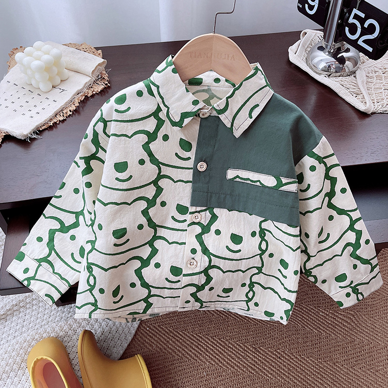 Dongdong 24 Autumn Boys' Shirt Coat Long-sleeved autumn Collection, Spring and Autumn Green bear lapel style shirt for children Specification drawing