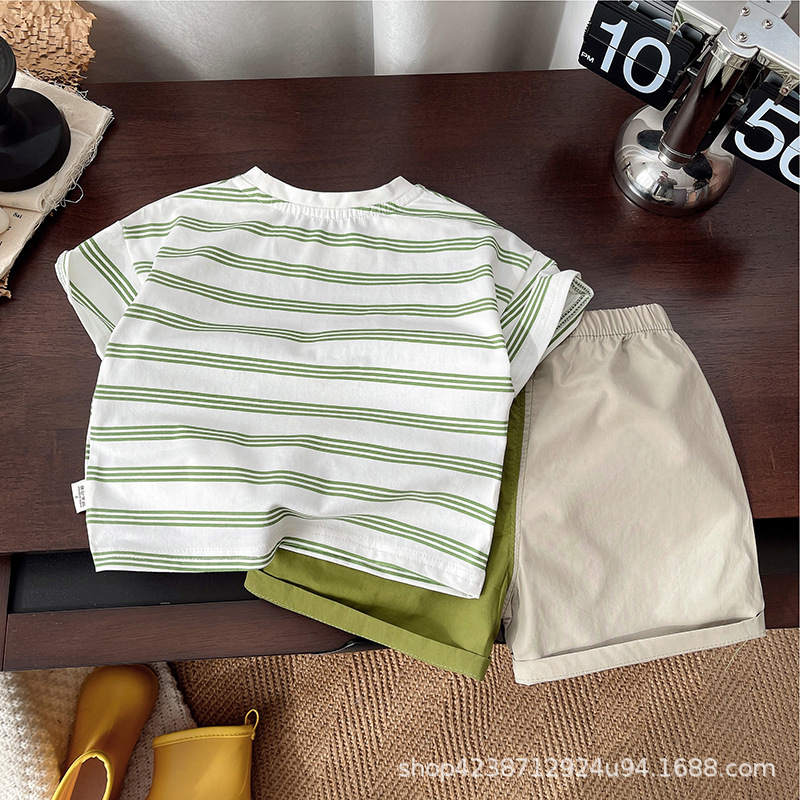 Summer Boys 2025 New striped set, baby Crocodile short-sleeved round-neck T-blood fashionable patchwork 5 shorts, pure cotton Specification drawing