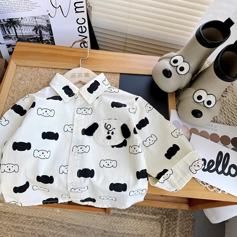 White printed lapel cartoon shirt for boys, long-sleeved shirt with three-dimensional ears for babies, and autumn top for girls full figure