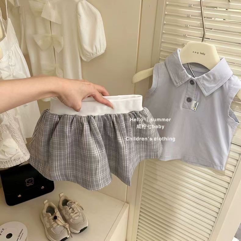 Summer new Set for Girls, Korean style, Stylish 2025 Little Kids Academy Sleeveless Shirt Short Skirt, Baby Two-piece set full figure