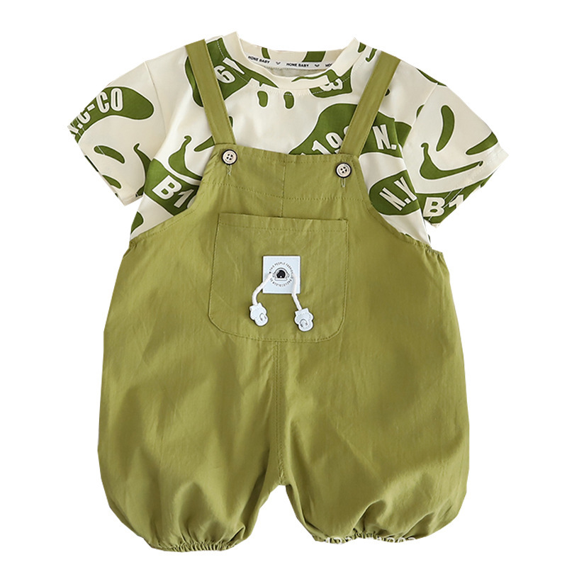 A new summer set of matcha green overalls for boys, baby overalls, children's Korean-style stylish printed T-shirt Item Picture