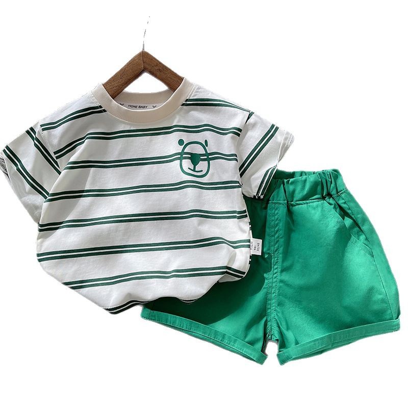 Trendy boys' striped short-sleeved set 2025 New summer dress for kids, Korean style T-shirt and shorts two-piece baby top Item Picture