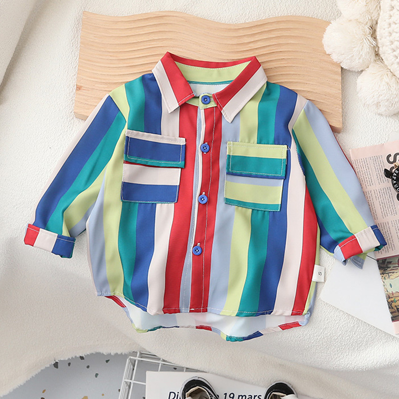 Boys' summer thin striped shirt jacket 2023 New children's long-sleeved top boys' summer cool shirt full figure