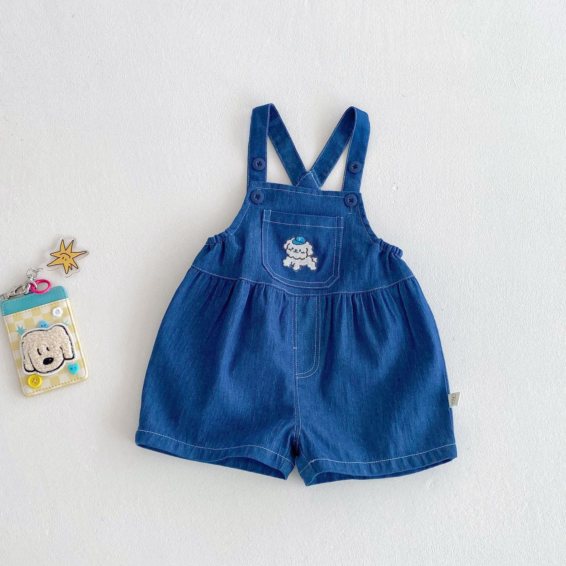 Children's Korean T-shirt 2025 New style Summer Boys' stylish embroidered label base shirt, cute baby denim overalls Application Scenario