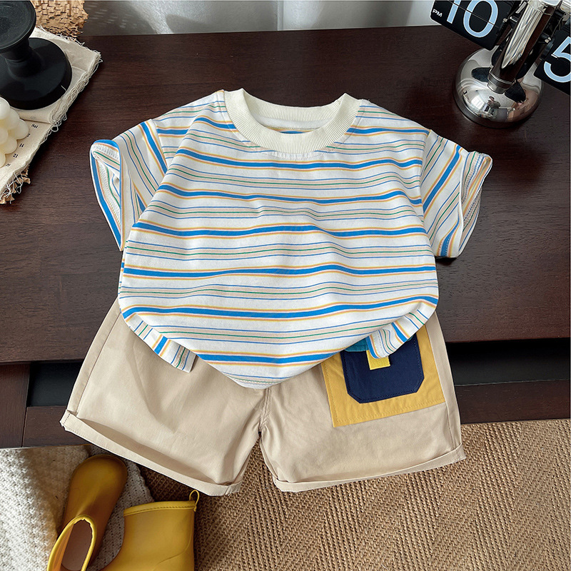 New Korean-style striped printed T-shirt and workwear-style shorts summer two-piece set for children details Picture