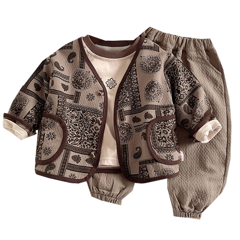 Baby long-sleeved autumn set, boys and children's spring and autumn stylish coat, autumn light brown retro three-piece set wholesale Item Picture