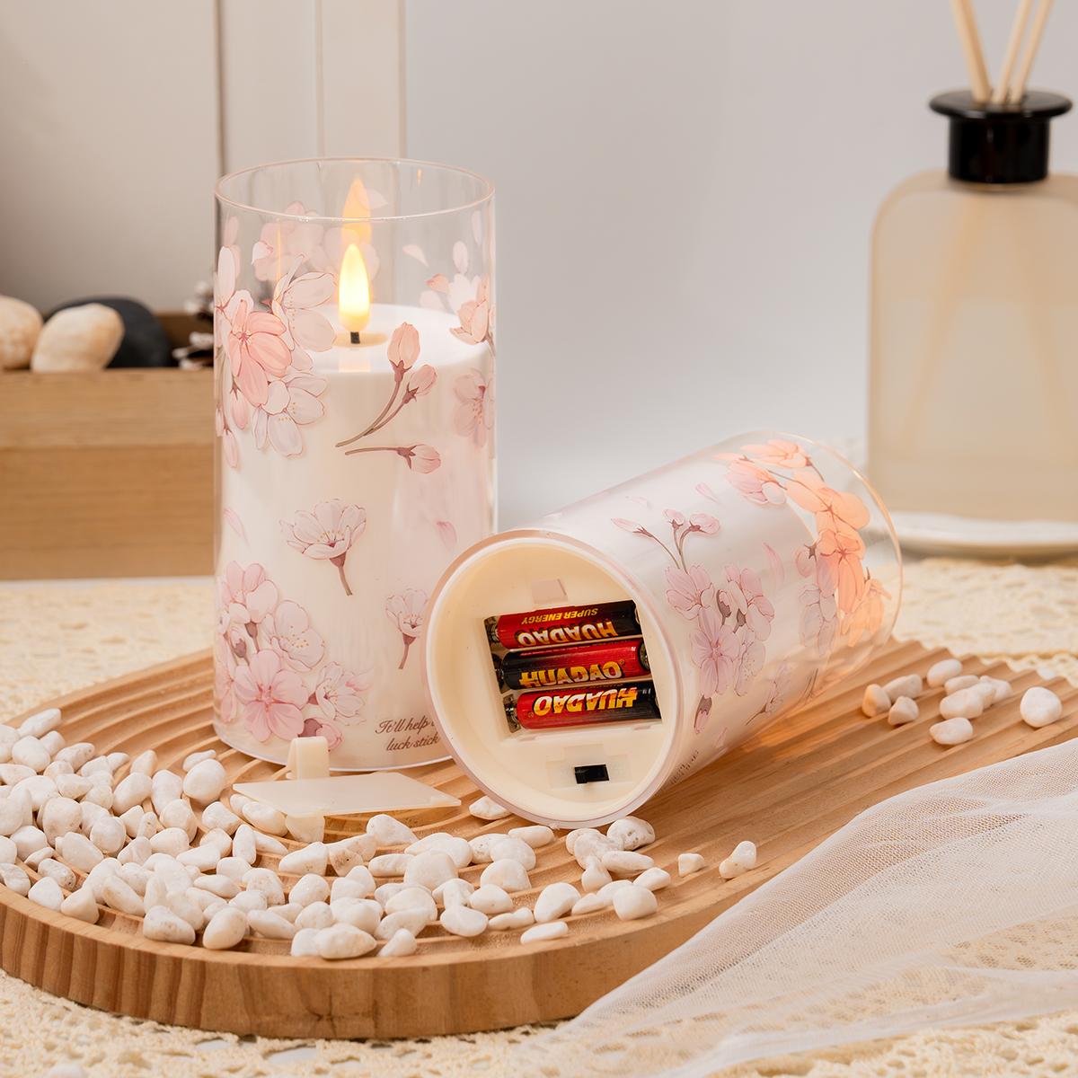 Cherry blossom printed electronic candle lamp, LED flat socket electric candle lamp, decorative lamp, festival atmosphere lamp, flame does not burn Application Scenario