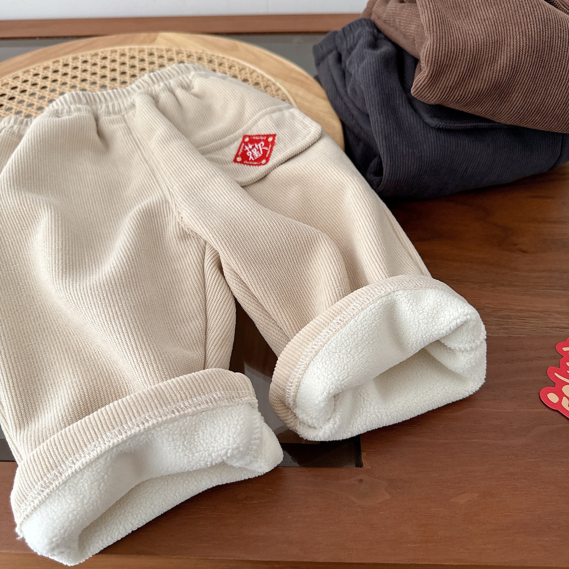 Children's festive fleece pants, winter boys' thickened one-piece fleece baby embroidered fleece New Year greeting pants, trendy AK341 Application Scenario