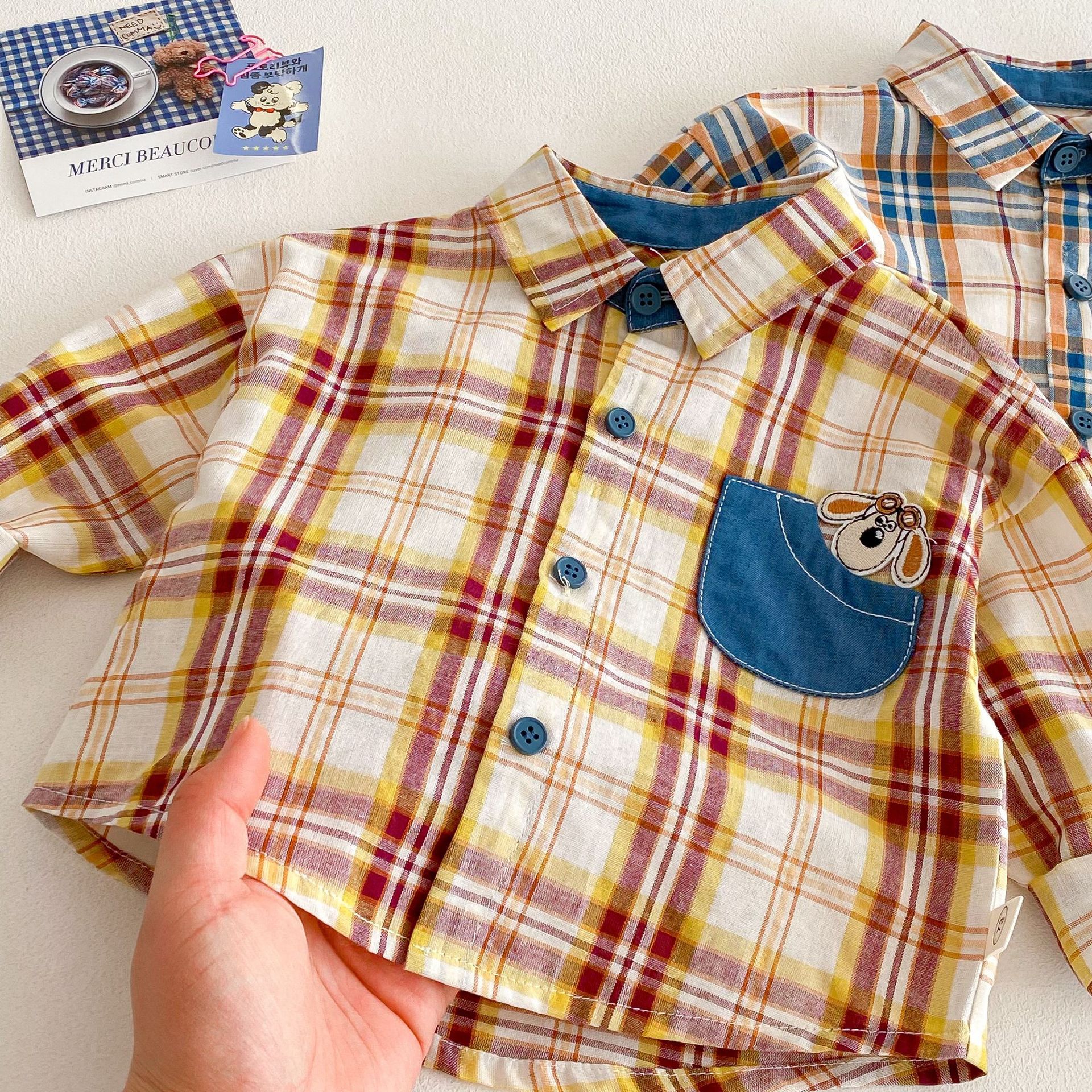 Children's checkered shirt 2025 new spring Boys' fashion patchwork denim cartoon shirt Baby Korean style spring wear Specification drawing